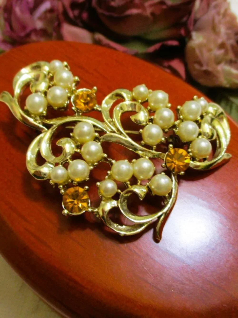 Vintage ART NOUVEAU Brooch: Goldenrod Rhinestone Pearl Swirl, Gold Plate
